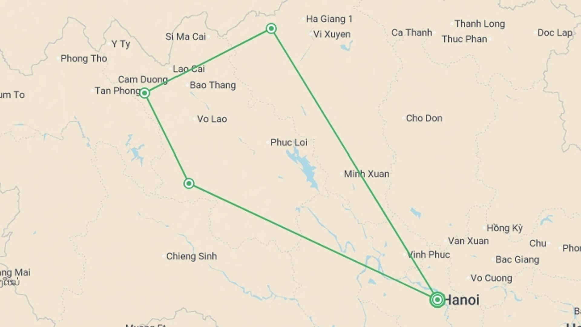 A map showing the tour itinerary for the trip: Premium Walking & Hiking in Vietnam, starting in Hanoi, Vietnam and ending in Hanoi, Vietnam going through 3 other destinations.