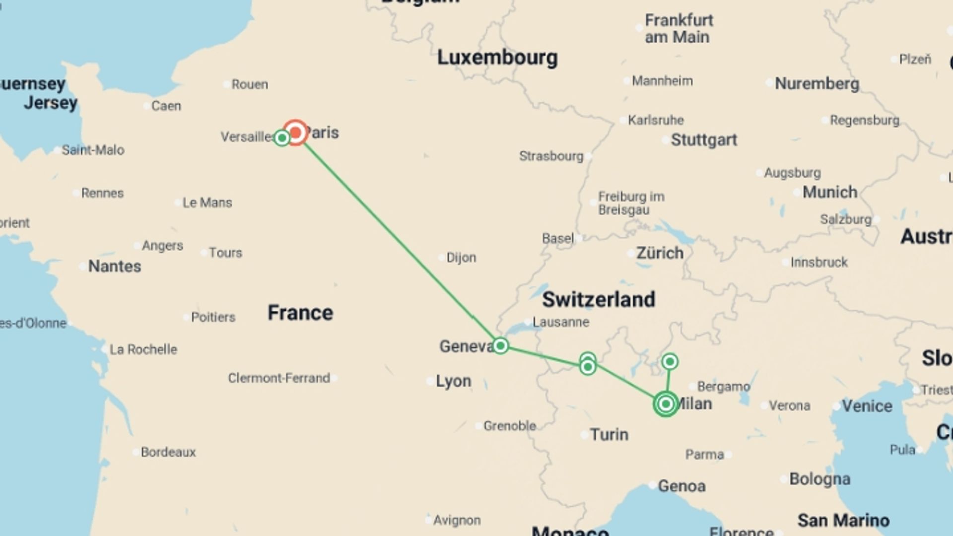 A map showing the tour itinerary for the trip: From Milan to Paris: Swiss Alps Rail Adventure, starting in undefined, Italy and ending in Paris, France going through 3 other destinations.