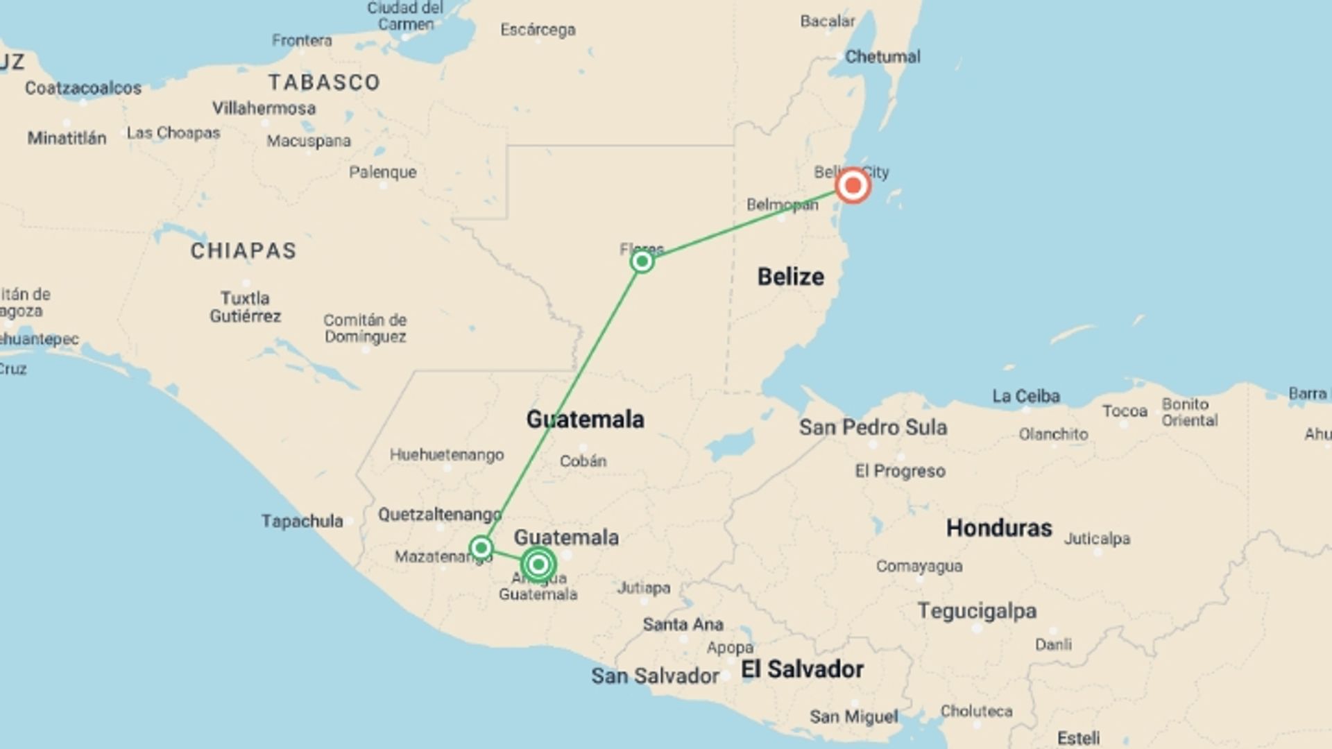 A map showing the tour itinerary for the trip: Highlights of Guatemala and Belize - 12 Days , starting in Antigua, Guatemala and ending in Belize City, Belize going through 2 other destinations.