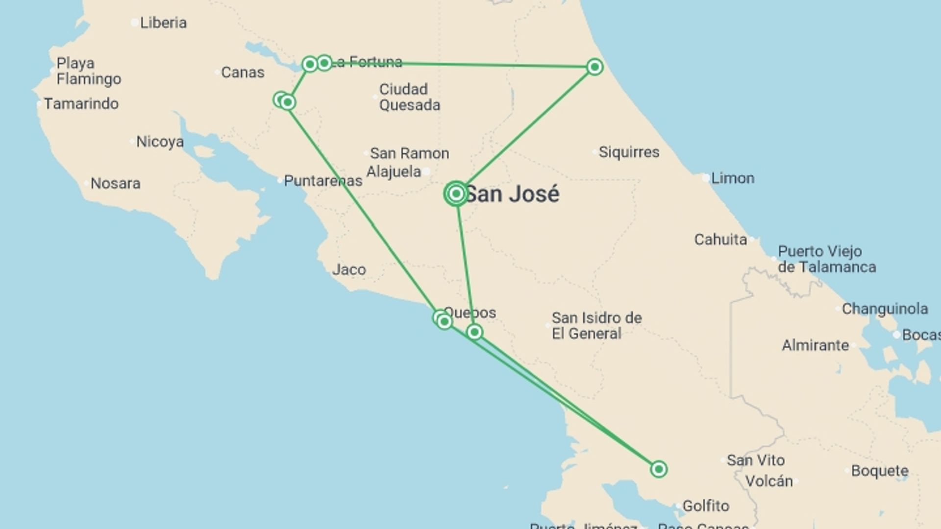 A map showing the tour itinerary for the trip: Discover Costa Rica, starting in San Jose, Costa Rica and ending in San Jose, Costa Rica going through 10 other destinations.