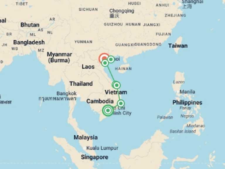 Map itinerary of Asia Tour in June 2026 with 6 destination visits for the trip: Vietnam: HCMC, Hoi An, Hanoi