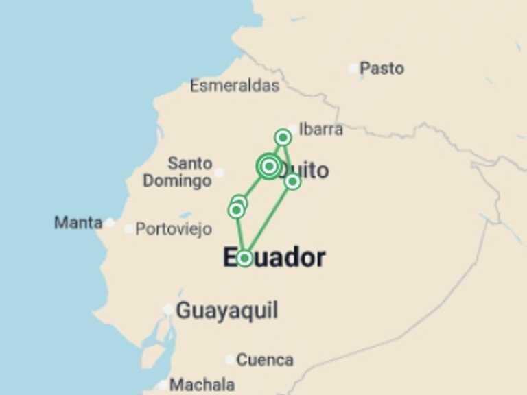Map itinerary of South America Tour in September 2026 with 6 destination visits for the trip: Ecuador Active Adventure - 8 days