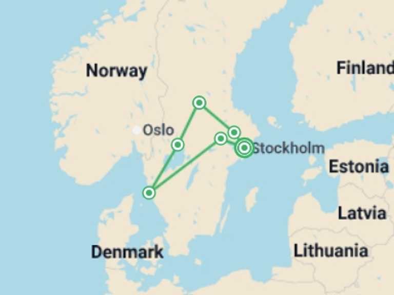 Map of Scandinavia Tour with 5 destination visits for the trip: Stockholm to Gothenburg Self Drive - 8 days