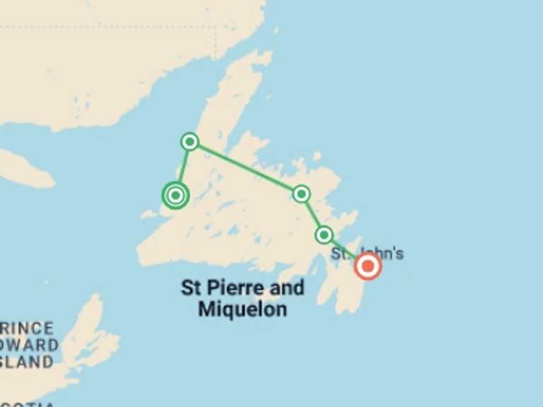Map of 9-Day Canada Tour with 6 destination visits for the trip: Newfoundland Explorer
