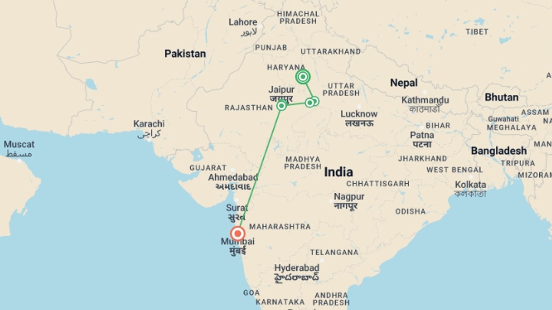 A map showing the tour itinerary for the trip: Golden Triangle With Mumbai, starting in New Delhi, India and ending in Mumbai, India going through 2 other destinations.