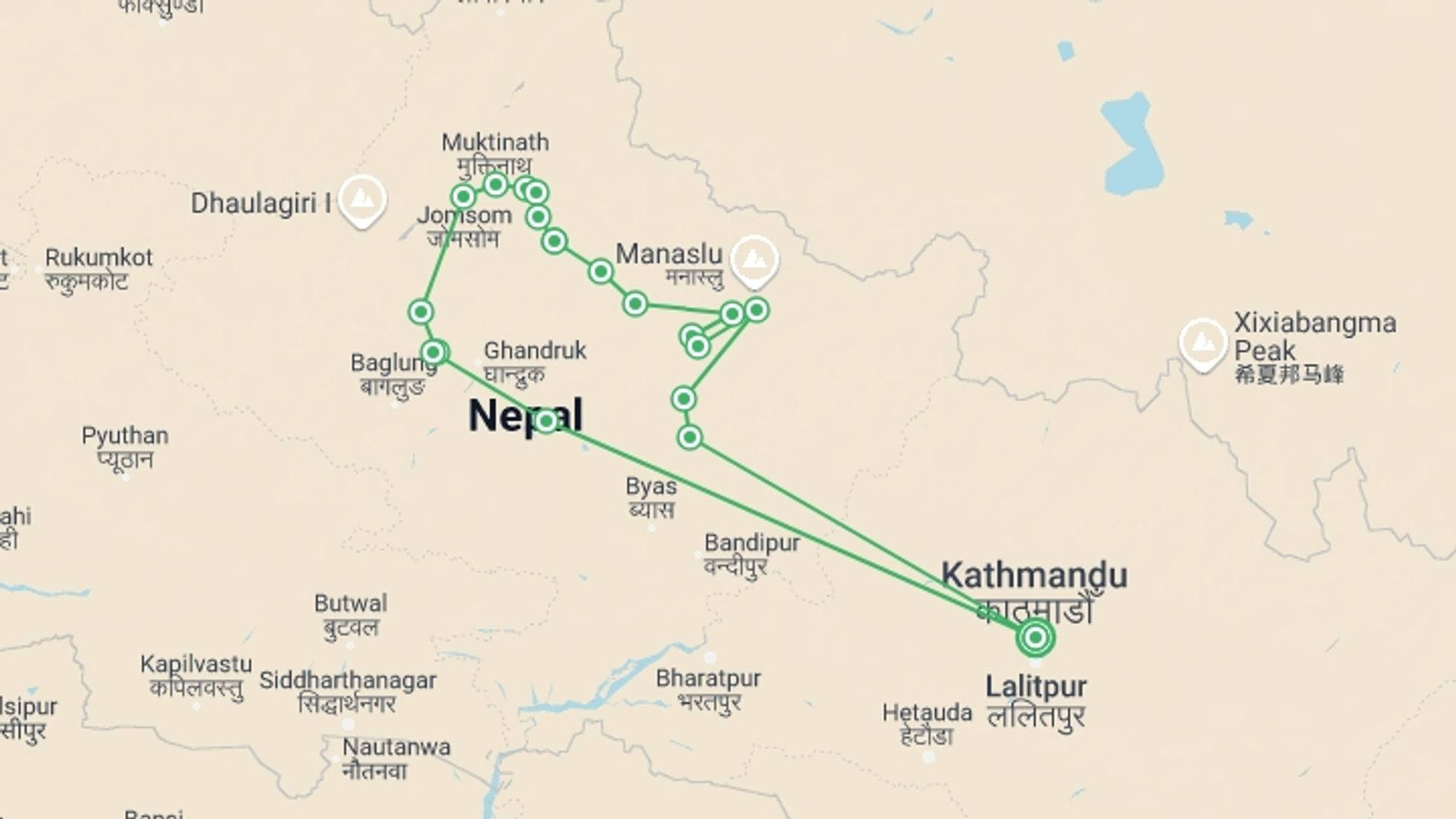 A map showing the tour itinerary for the trip: Annapurna Circuit Trek: Eighteen Days, starting in Kathmandu, Nepal and ending in Kathmandu, Nepal going through 15 other destinations.