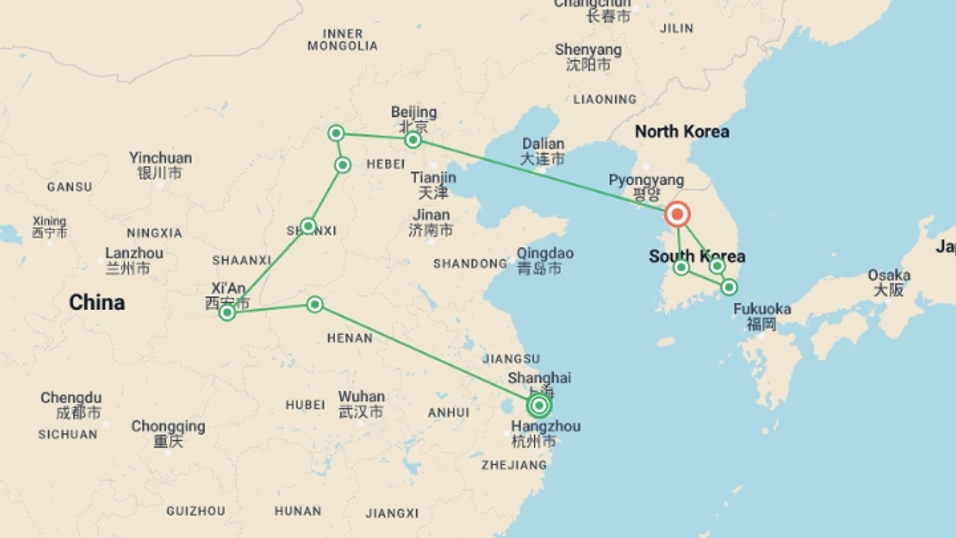 A map showing the tour itinerary for the trip: Wonders of China and Complete Korea, starting in Shanghai, China and ending in Seoul, South Korea going through 9 other destinations.