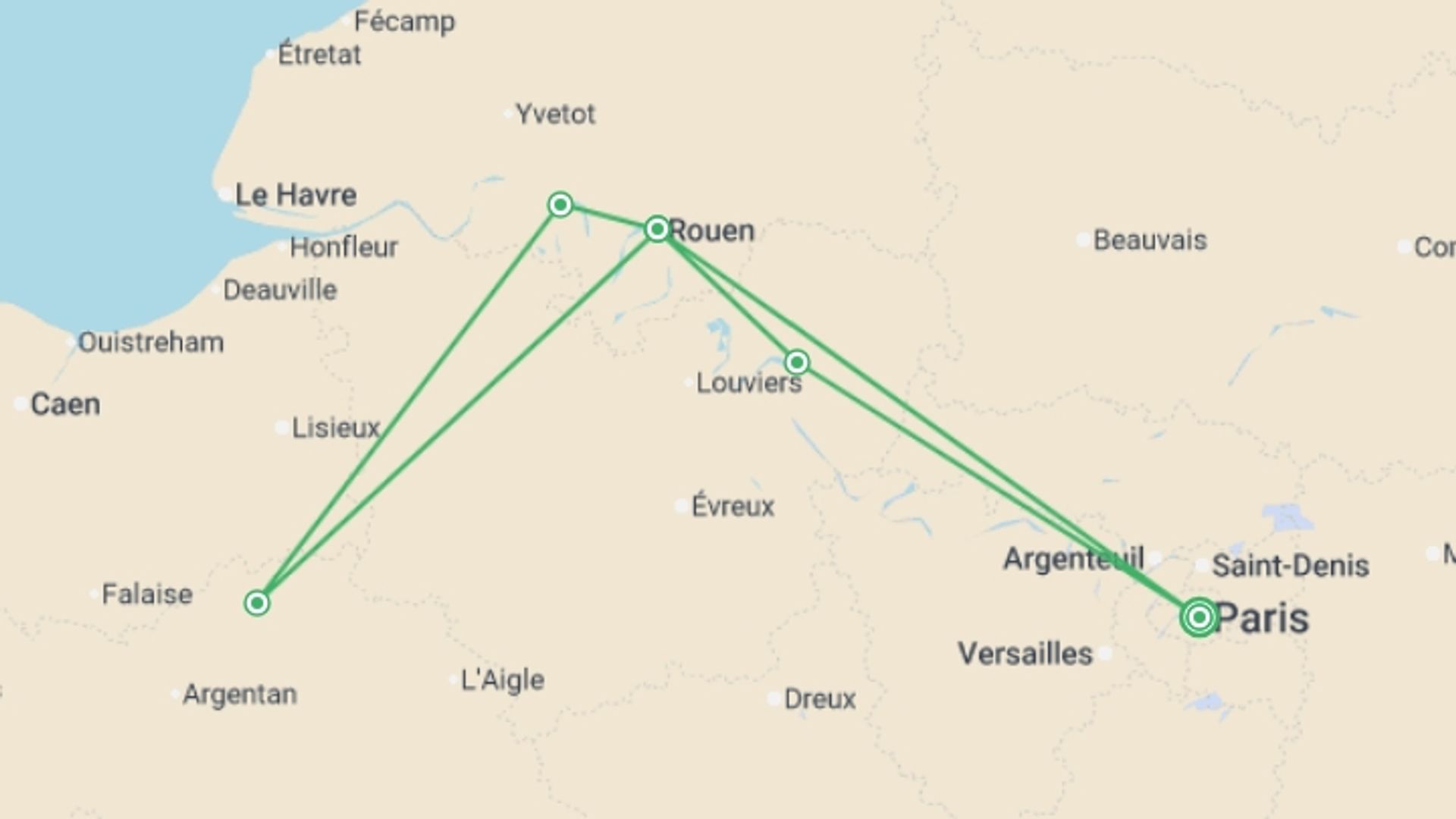 A map showing the tour itinerary for the trip: Christmas in the Seine Valley (port-to-port cruise), starting in Paris, France and ending in Paris, France going through 1 other destinations.
