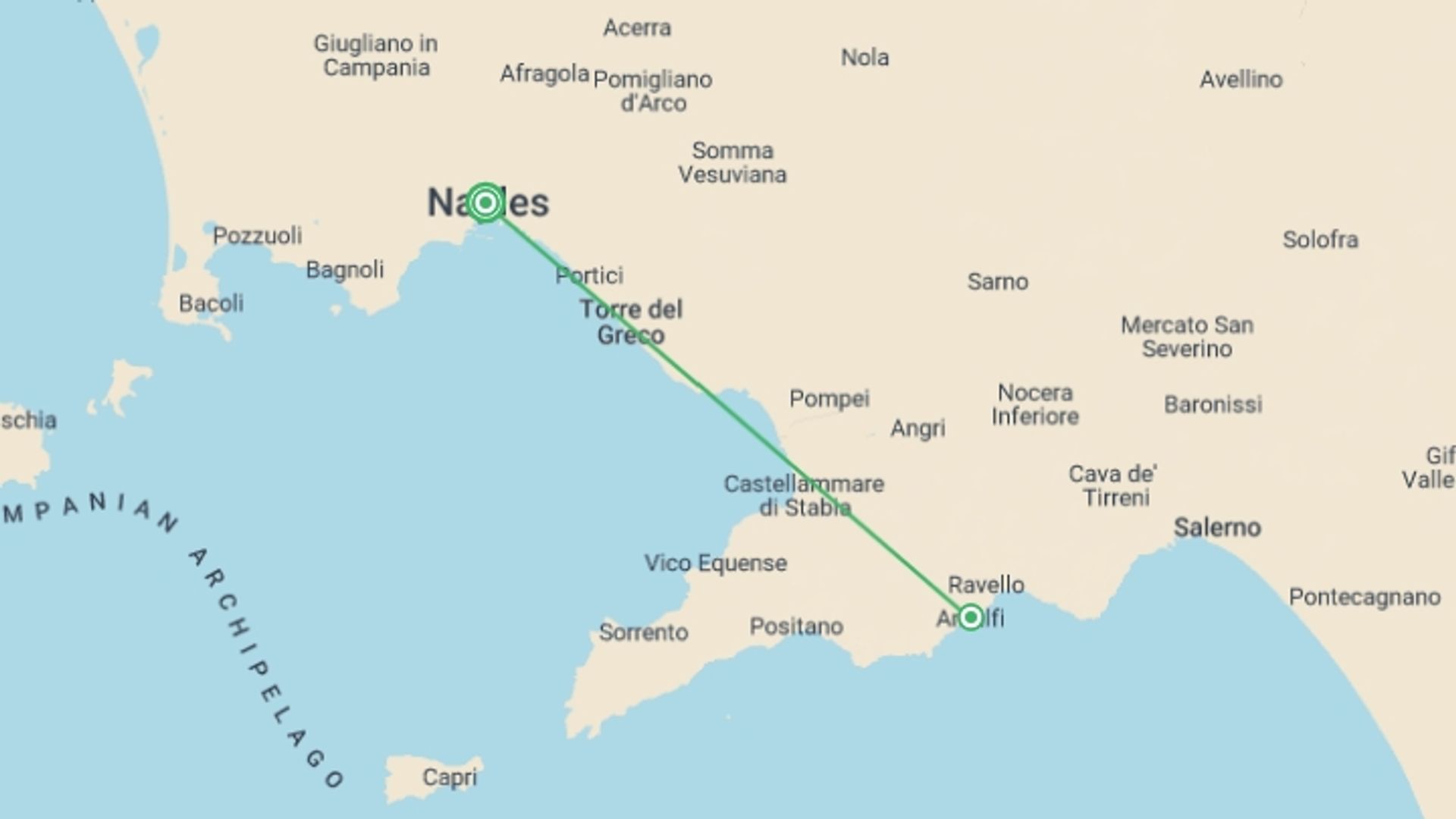A map showing the tour itinerary for the trip: Naples And Amalfi Coast Taste And Walk, Private Tour, starting in Naples, Italy and ending in Naples, Italy going through 2 other destinations.
