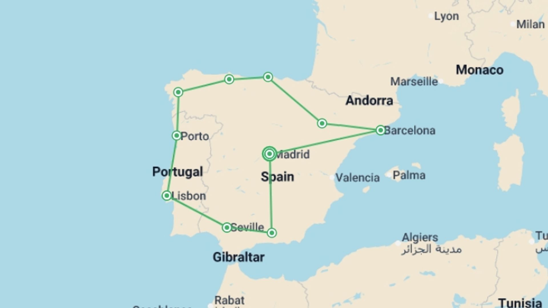 A map showing the tour itinerary for the trip: The Best of Spain and Portugal (without Alhambra), starting in Madrid, Spain and ending in Madrid, Spain going through 9 other destinations.