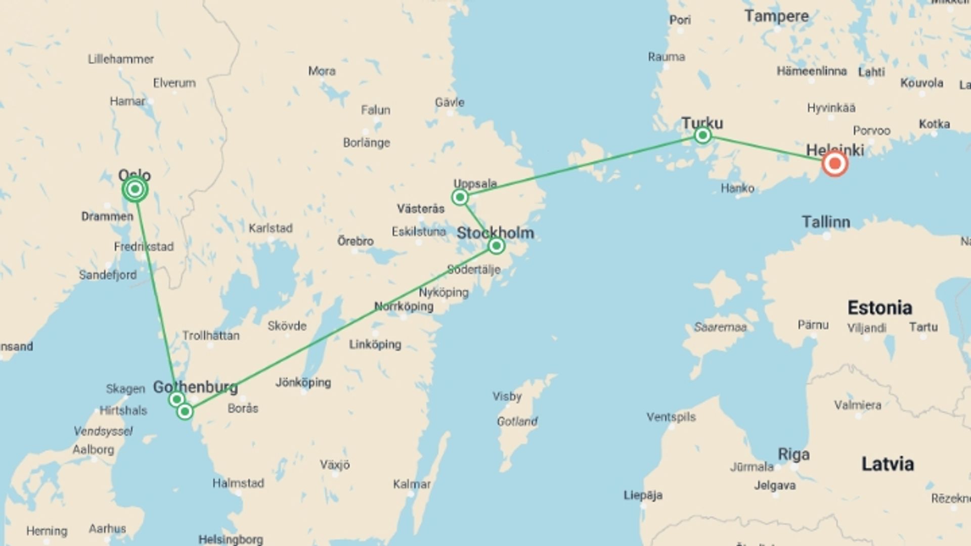 A map showing the tour itinerary for the trip: Best of Norway, Sweden & Finland, starting in Oslo, Norway and ending in Helsinki, Finland going through 5 other destinations.