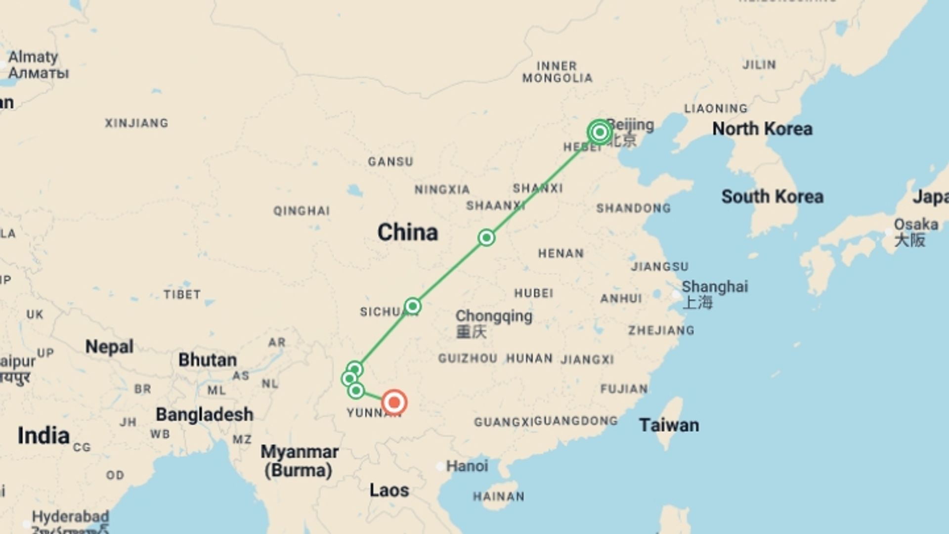 A map showing the tour itinerary for the trip: Beijing to Kunming: Undiscovered China, starting in Beijing, China and ending in Kunming, China going through 5 other destinations.
