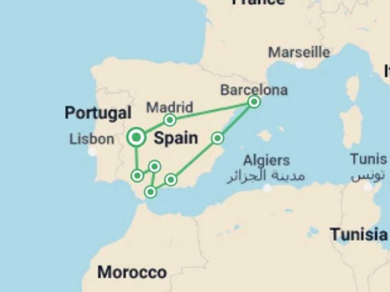 Map itinerary of Spain Tour in February 2026 with 8 destination visits for the trip: 9 Day Guided Tour Andalusia And Mediterranean Coast From Lisbon