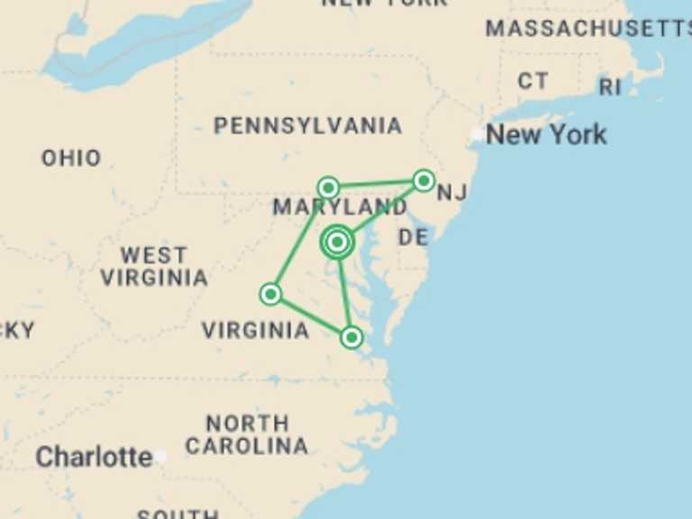 Map itinerary of Washington D.C. Tour in September 2025 with 5 destination visits for the trip: Historic Highlights