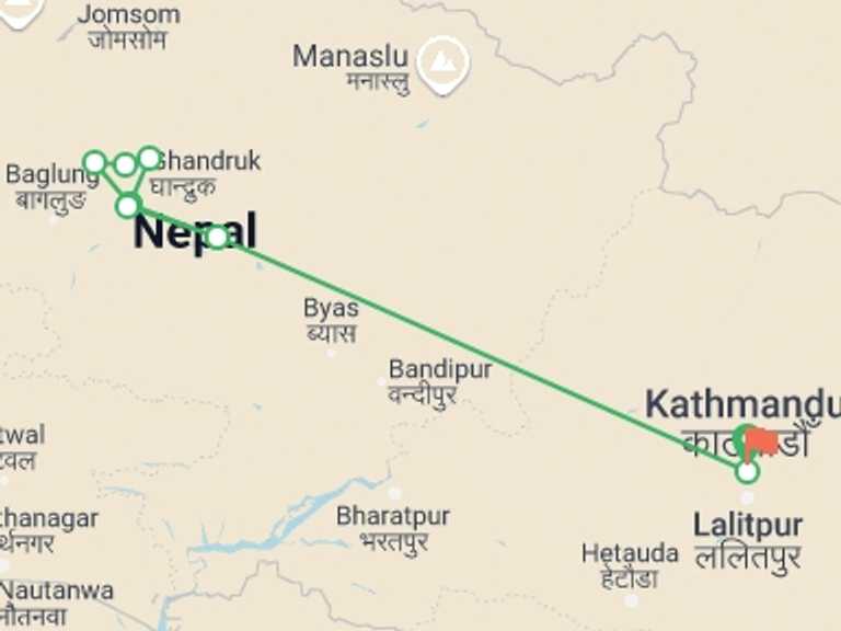 Map of Pokhara Trekking and Hiking Tour with 7 destination visits for the trip: Poonhill trek