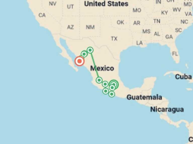 Map itinerary of North America Tour in December 2026 with 11 destination visits for the trip: Mexico: Pacific and Northern Adventure