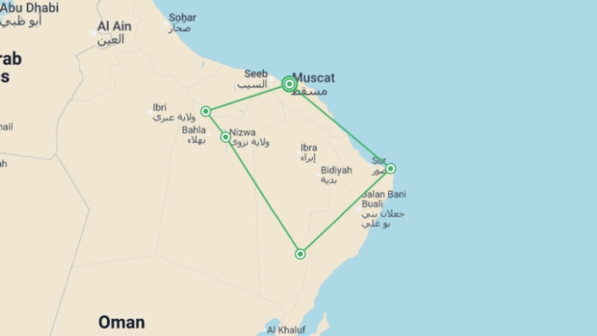 A map showing the tour itinerary for the trip: Discover Oman, starting in Muscat, Oman and ending in Muscat, Oman going through 4 other destinations.