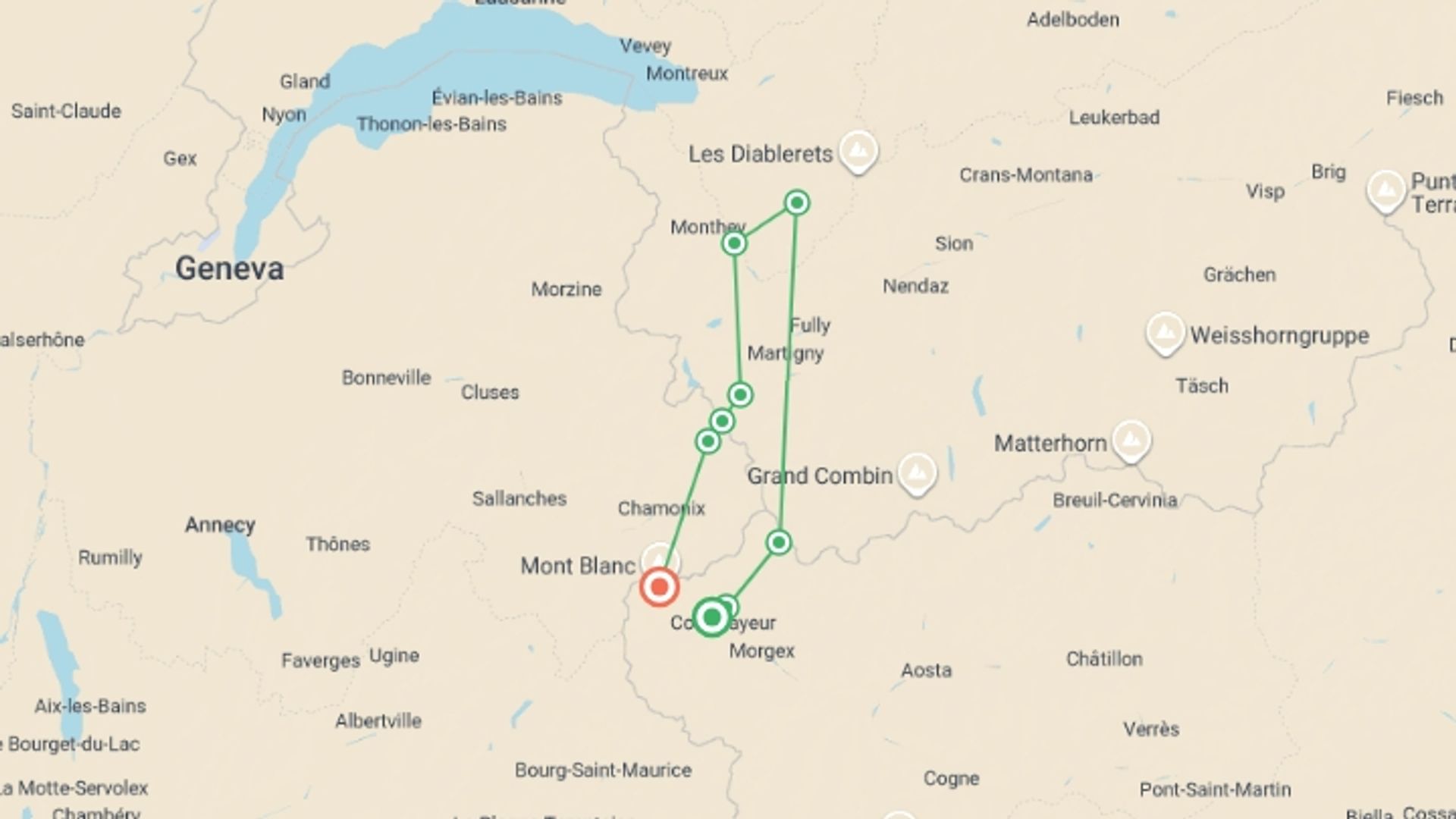 A map showing the tour itinerary for the trip: Mont Blanc Family Guided Hike From Italy, starting in Courmayeur, Italy and ending in Mont Blanc, France going through 9 other destinations.