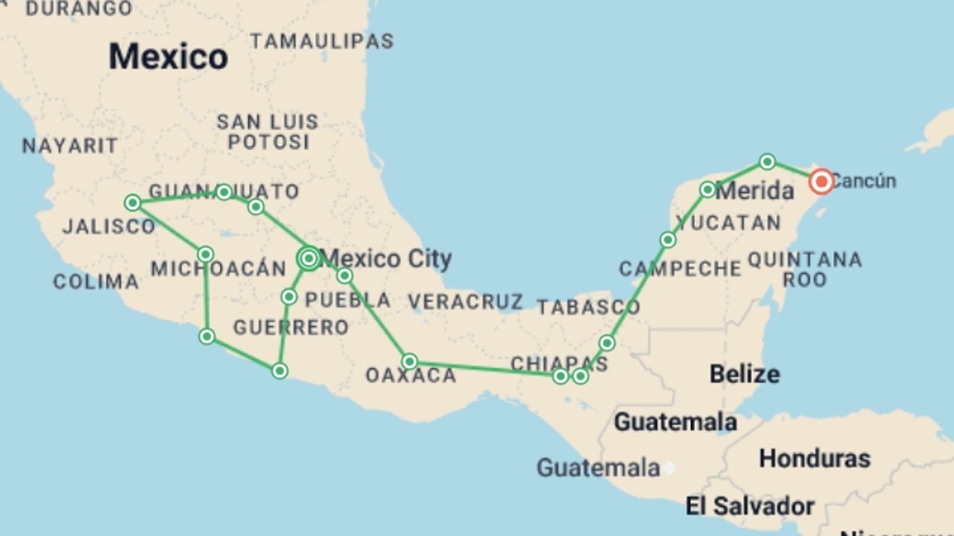 A map showing the tour itinerary for the trip: Mexico: From the Pacific to the Caribbean, starting in Mexico City, Mexico and ending in Cancún, Mexico going through 15 other destinations.