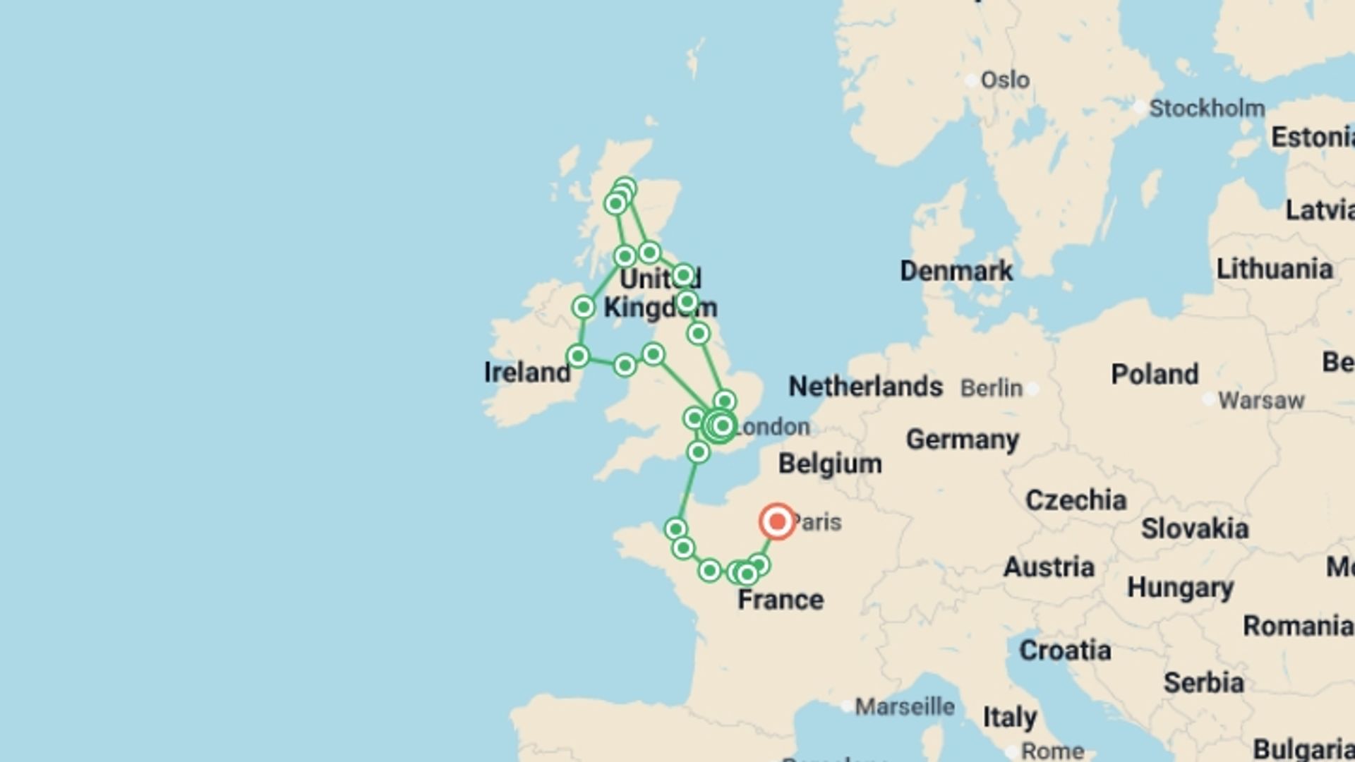 A map showing the tour itinerary for the trip: United Kingdom, Ireland and Northern France, starting in London, England and ending in Paris, France going through 8 other destinations.