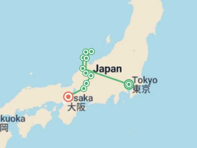 Map itinerary of Kanazawa Tour in March 2027 with 11 destination visits for the trip: Cycling in Japan