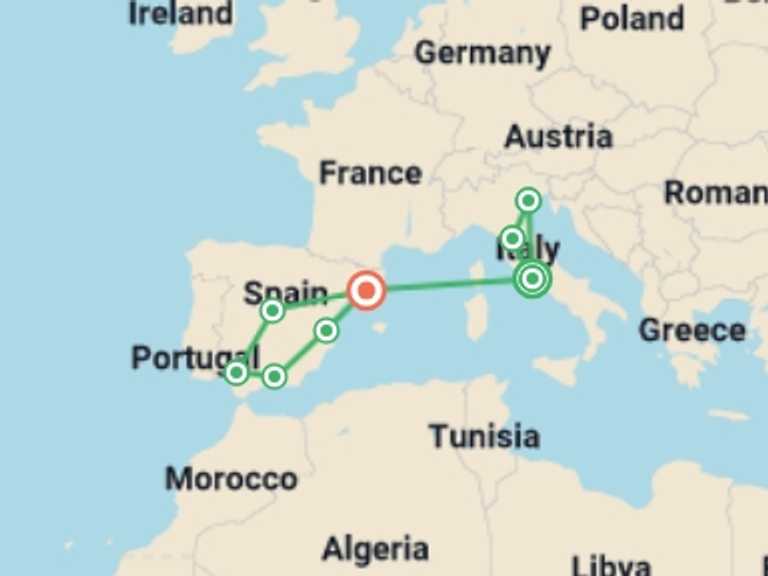 Map itinerary of Spain Tour in August 2026 with 9 destination visits for the trip: From Gelato to Gaudi: Italy & Spain Journey