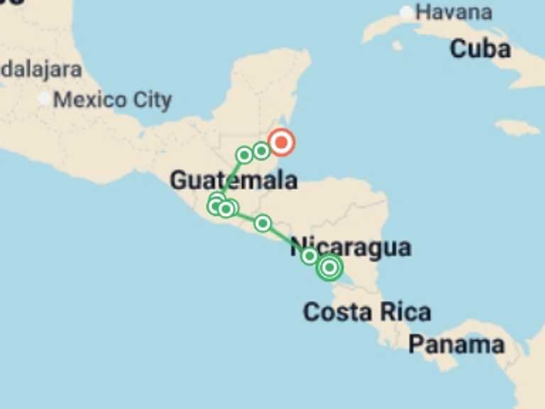 Map itinerary of South America Tour in March 2027 with 11 destination visits for the trip: Central America Uncovered - 19 days