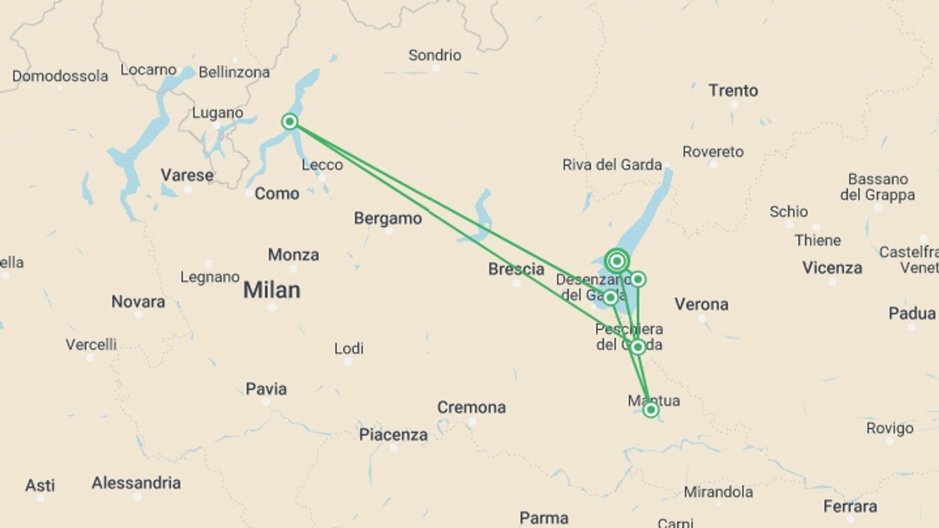 A map showing the tour itinerary for the trip: Cycling Lake Garda with e-bike, starting in Lake Garda, Italy and ending in Lake Garda, Italy going through 5 other destinations.