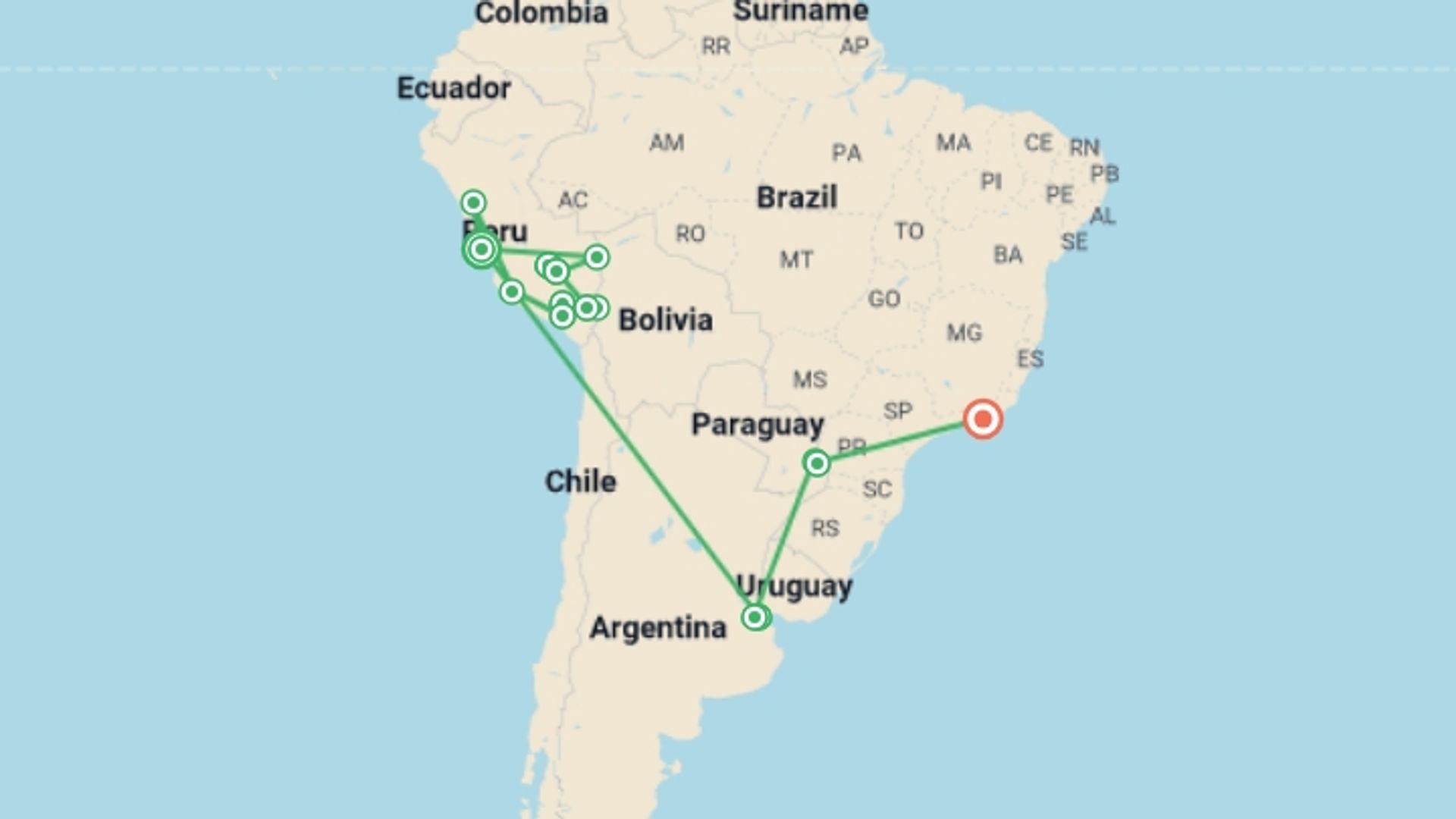 A map showing the tour itinerary for the trip: Ultimate Peru, Argentina & Brazil, starting in Lima, Peru and ending in Rio de Janeiro, Brazil going through 13 other destinations.