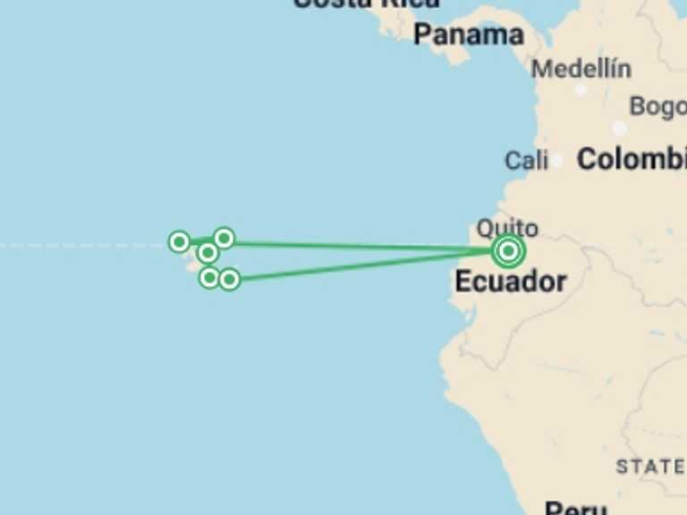 Map of 10-Day Quito Tour with 6 destination visits for the trip: Galapagos - Central, North, South and East Islands aboard the Archipel I