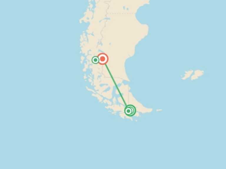 Map of a National parks Tour with 4 destination visits for the trip: Argentina - Ushuaia and Calafate - 6 days