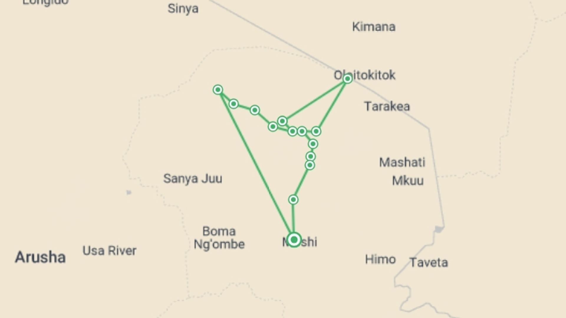 A map showing the tour itinerary for the trip: Mount Kilimanjaro Trekking 9 Days Northern Circuit Route, starting in Moshi, Tanzania and ending in Moshi, Tanzania going through 10 other destinations.
