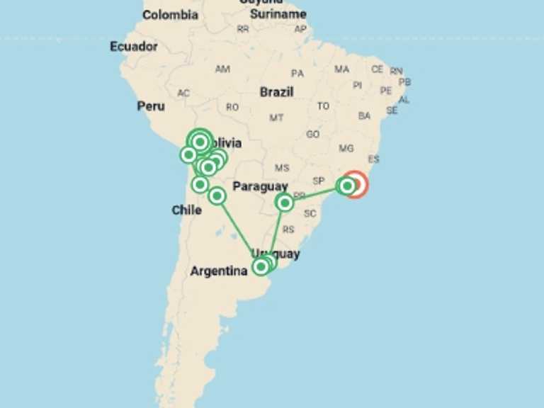 Map itinerary of San Pedro De Atacama Tour in December 2026 with 16 destination visits for the trip: Explore Bolivia to Brazil