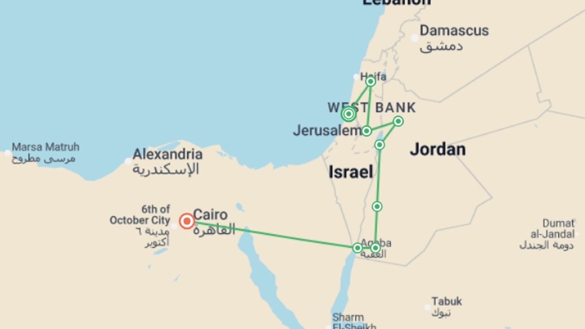 A map showing the tour itinerary for the trip: Israel, Jordan and Cairo, starting in Tel Aviv, Israel and ending in Cairo, Egypt going through 7 other destinations.