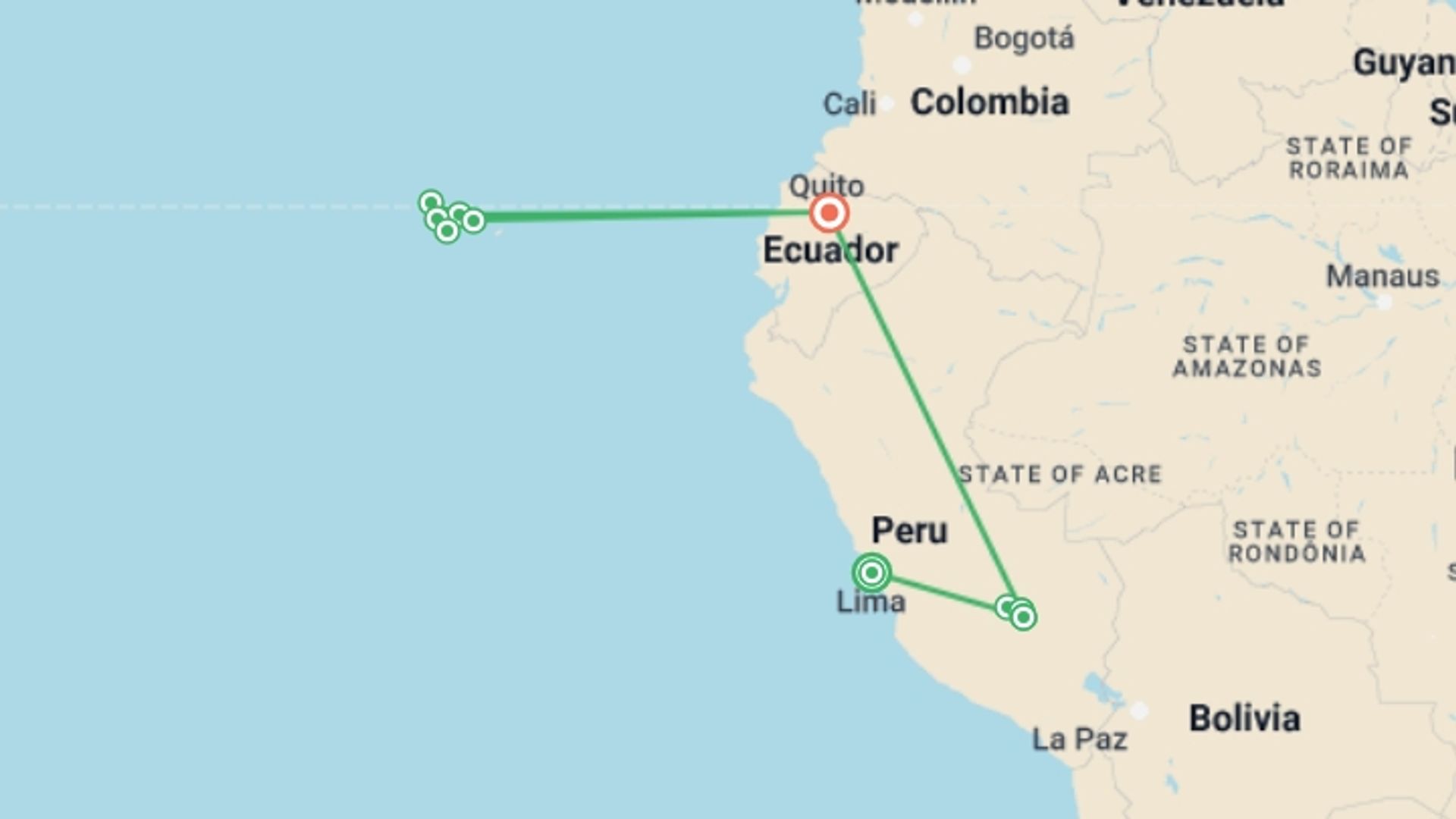 A map showing the tour itinerary for the trip: Machu Picchu & Galapagos Wonders featuring a 4-Night Cruise, starting in Lima, Peru and ending in Quito, Ecuador going through 1 other destinations.