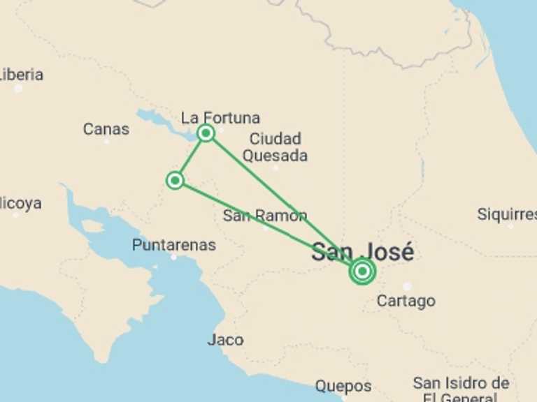 Map of Costa Rica Zip lining Tour with 5 destination visits for the trip: Raft, Hike and Explore Costa Rica