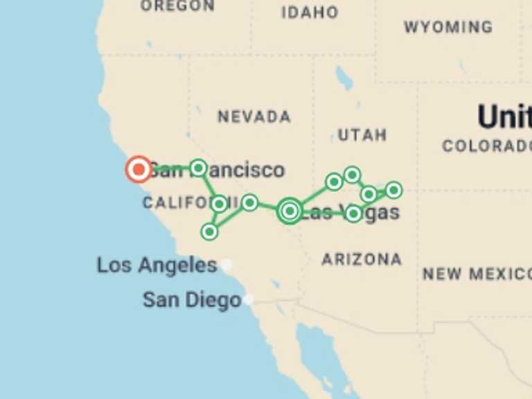 Map of Bryce Canyon National Park Tour with 9 destination visits for the trip: Zion to San Francisco Adventure