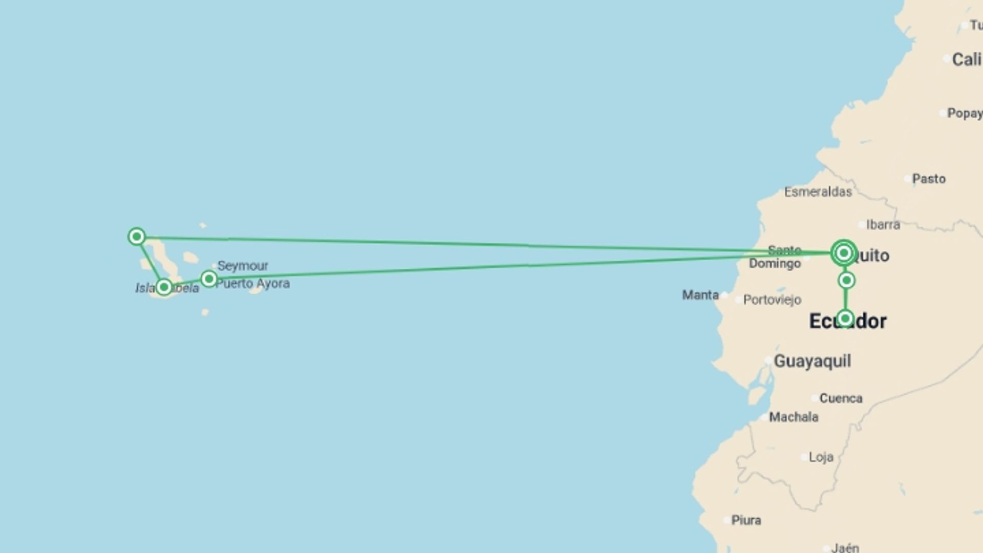 A map showing the tour itinerary for the trip: Mainland Ecuador and Galapagos Cruise, starting in Quito, Ecuador and ending in Quito, Ecuador going through 5 other destinations.