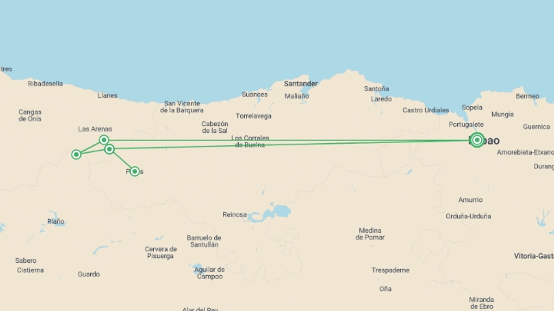 A map showing the tour itinerary for the trip: Trekking in Spain - Picos de Europa, starting in Bilbao, Spain and ending in Bilbao, Spain going through 6 other destinations.