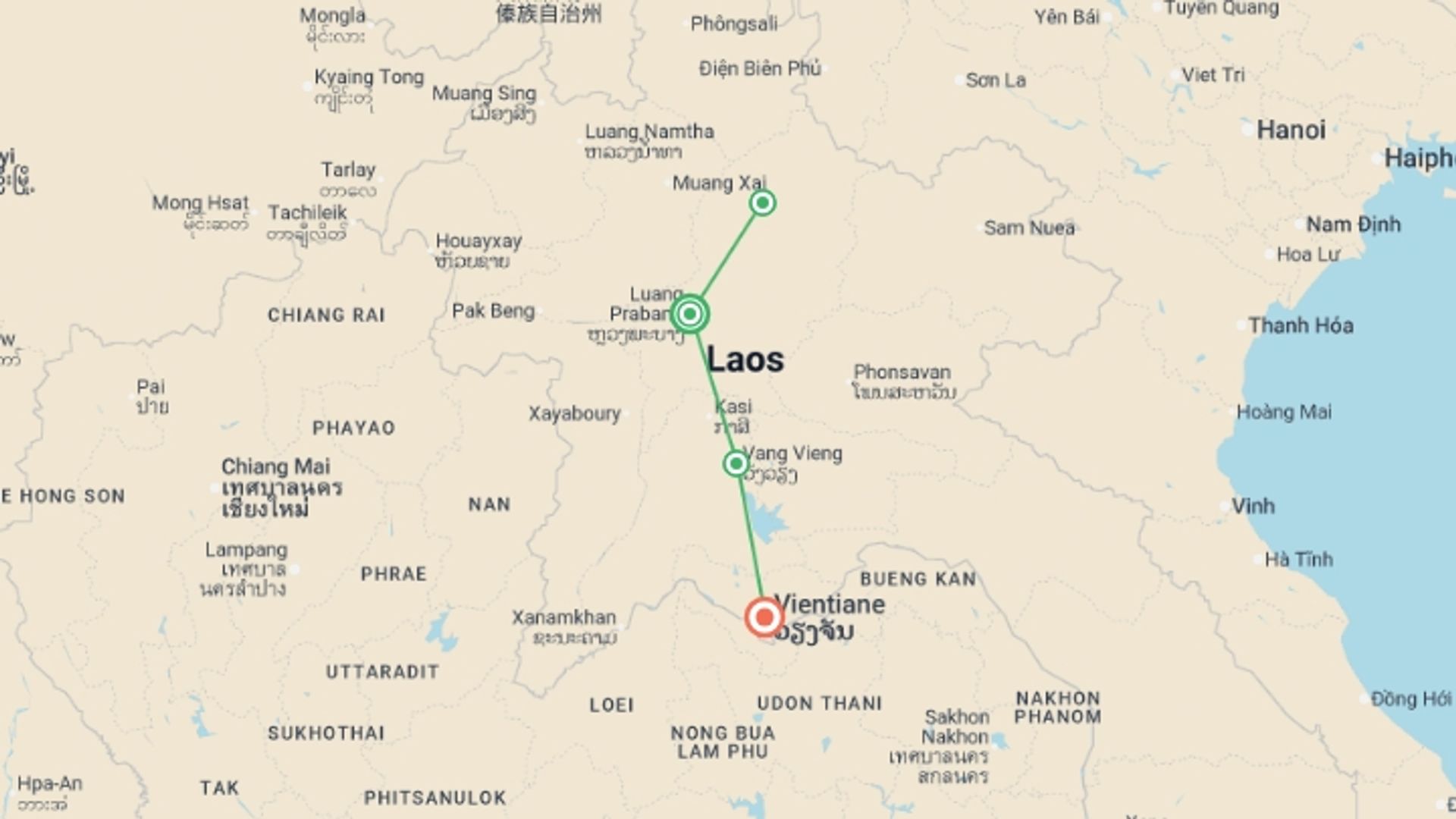 A map showing the tour itinerary for the trip: Laos: See & Experience it all in 7 days, Luxury Tour , starting in Luang Prabang, Laos and ending in Vientiane, Laos going through 2 other destinations.