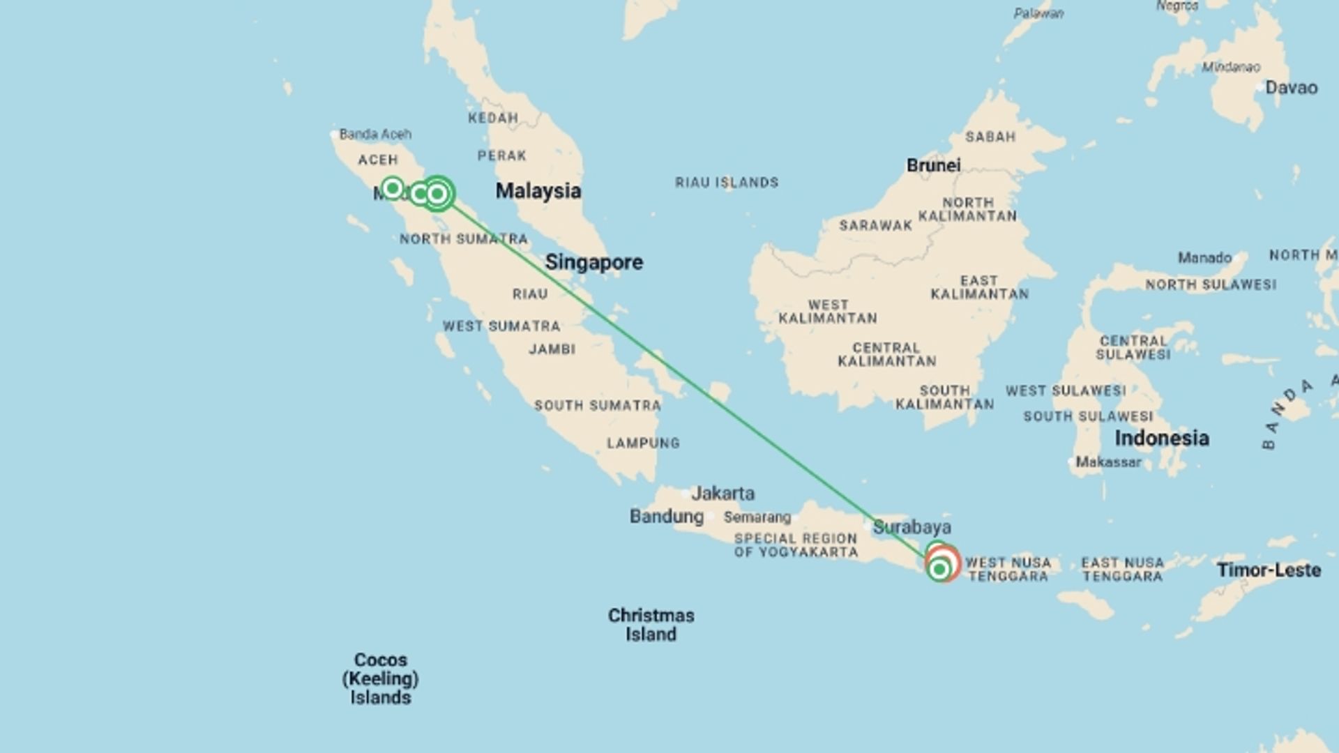 A map showing the tour itinerary for the trip: Sumatra to Bali: Wildlife, Waves & Wilderness, starting in Medan, Indonesia and ending in Ubud, Indonesia going through 5 other destinations.