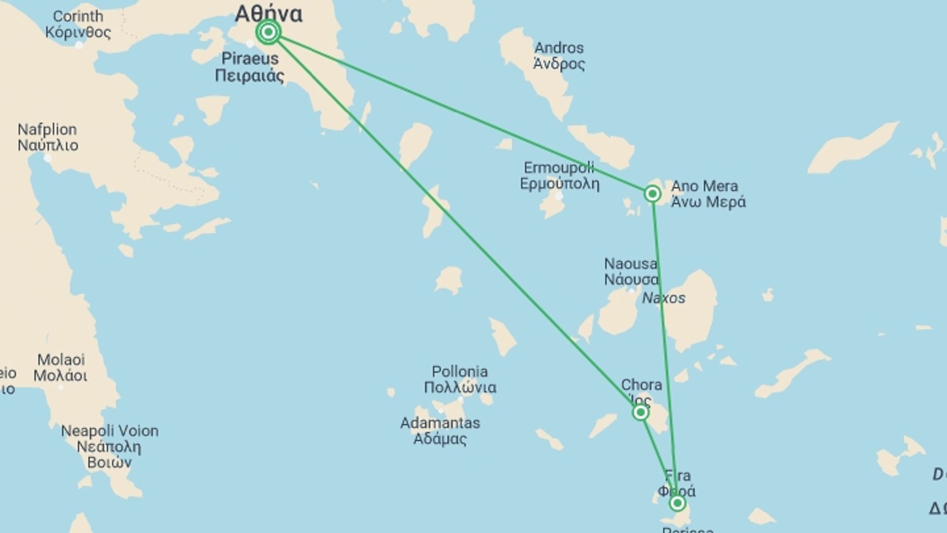 A map showing the tour itinerary for the trip: Best of Greece, starting in Athens, Greece and ending in Athens, Greece going through 3 other destinations.