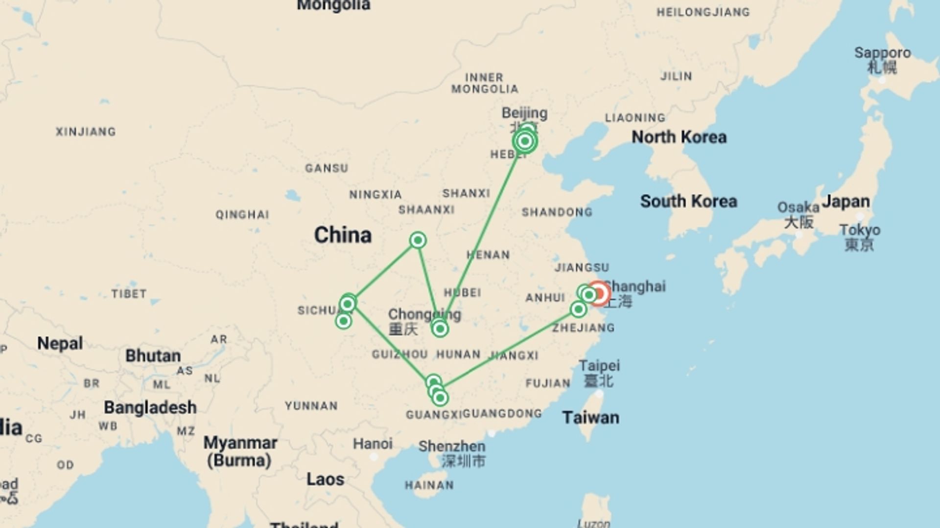 A map showing the tour itinerary for the trip: Epic China Adventure, starting in Beijing, China and ending in Shanghai, China going through 8 other destinations.