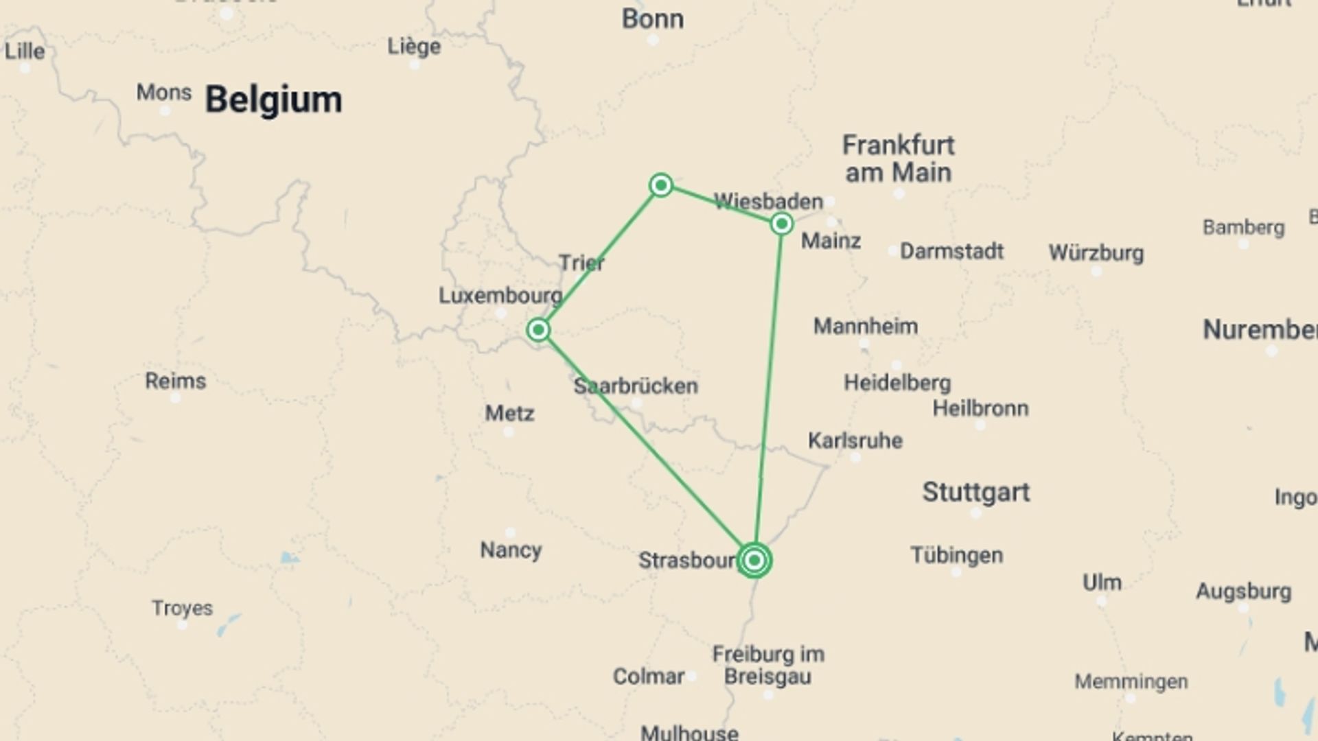 A map showing the tour itinerary for the trip: 4 Rivers: The Neckar, Romantic Rhine, Moselle, and Sarre Valleys, starting in Strasbourg, France and ending in Strasbourg, France going through 3 other destinations.