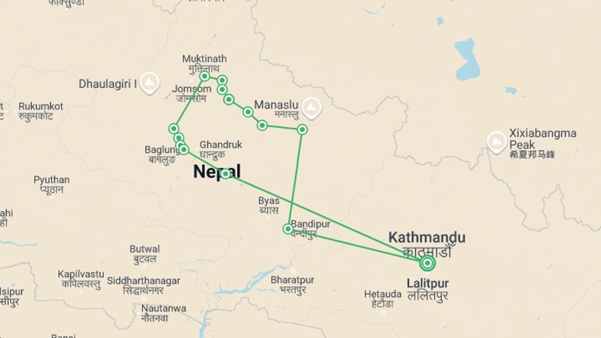 A map showing the tour itinerary for the trip: Annapurna Circuit Trek, starting in Kathmandu, Nepal and ending in Kathmandu, Nepal going through 13 other destinations.