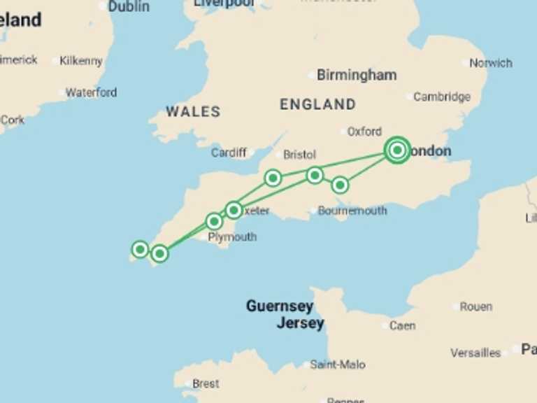 Map itinerary of London Tour in January 2027 with 3 destination visits for the trip: Stonehenge, Devon & Cornwall - 5 days
