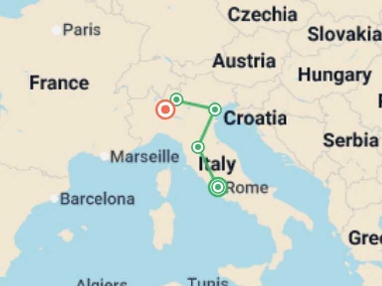 Map itinerary of Mediterranean Tour in September 2026 with 5 destination visits for the trip: Colosseum to Como - 12 days