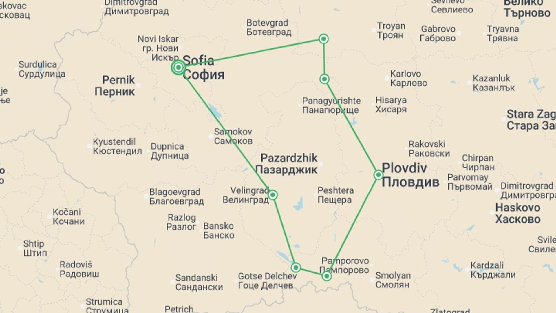 A map showing the tour itinerary for the trip: Cycling Bulgaria: Sofia to the Rhodope Mountains, starting in Sofia, Bulgaria and ending in Sofia, Bulgaria going through 6 other destinations.