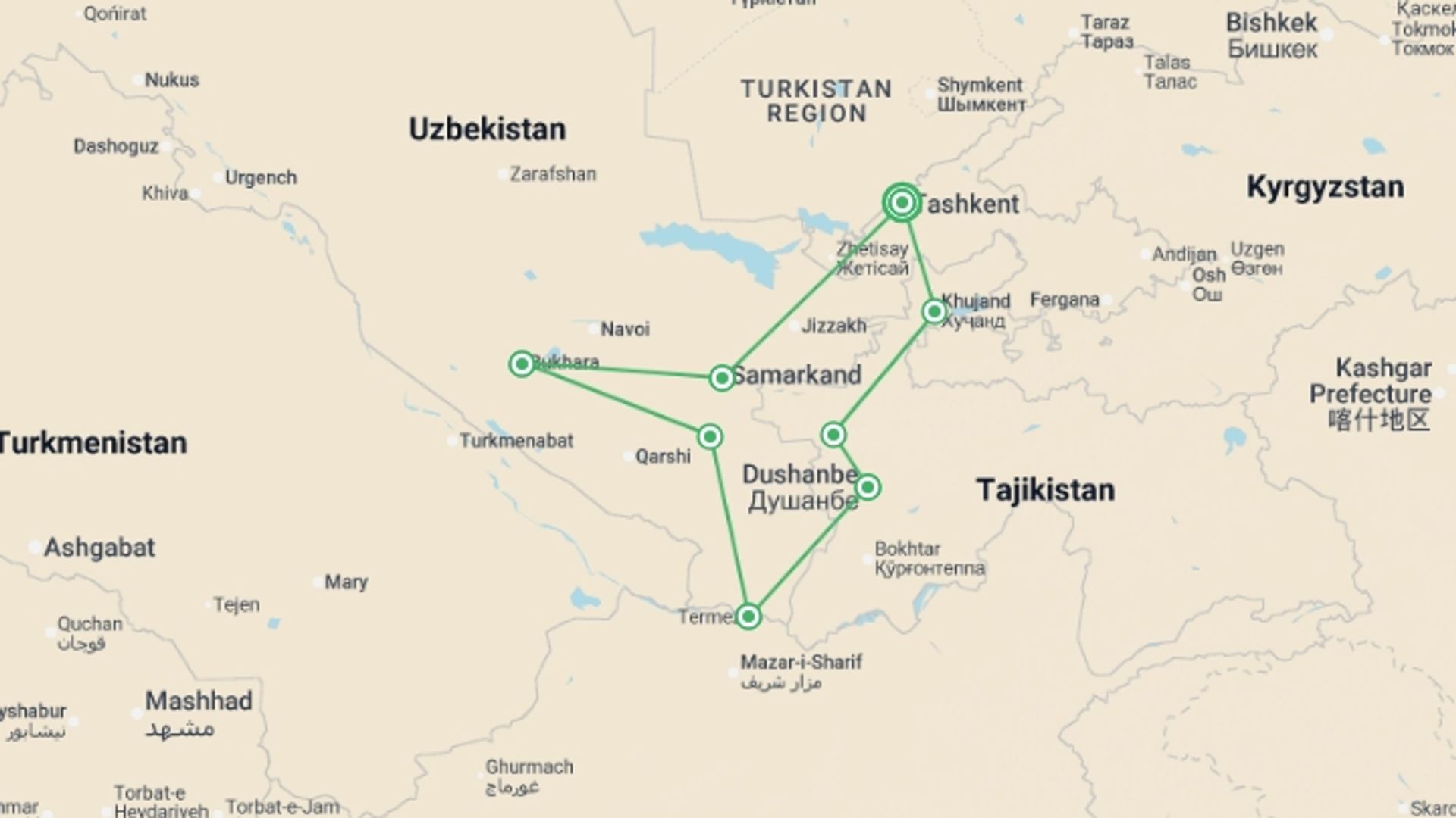 A map showing the tour itinerary for the trip: In the Footsteps of Alexander the Great, starting in Tashkent, Uzbekistan and ending in Tashkent, Uzbekistan going through 7 other destinations.