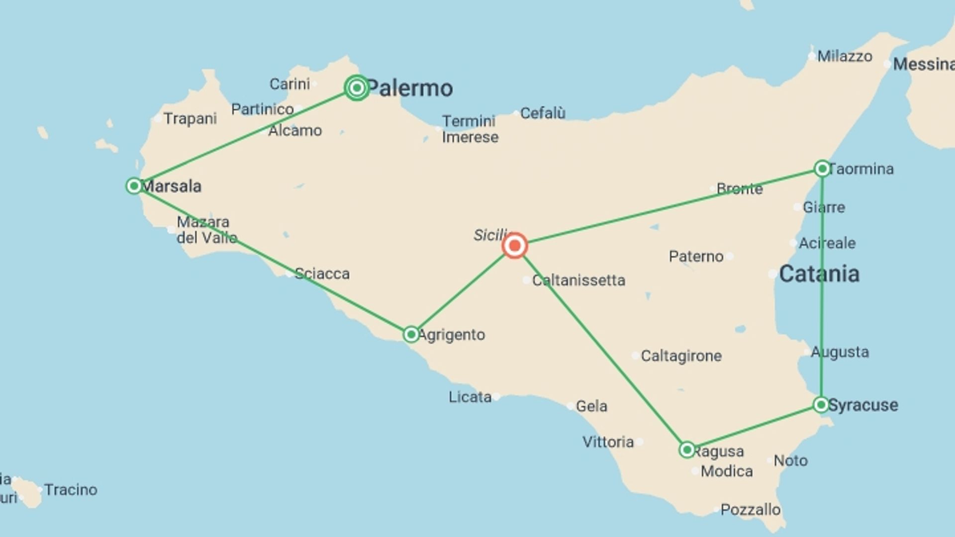 A map showing the tour itinerary for the trip: Colours of Sicily, starting in Palermo, Italy and ending in Sicily, Italy going through 5 other destinations.